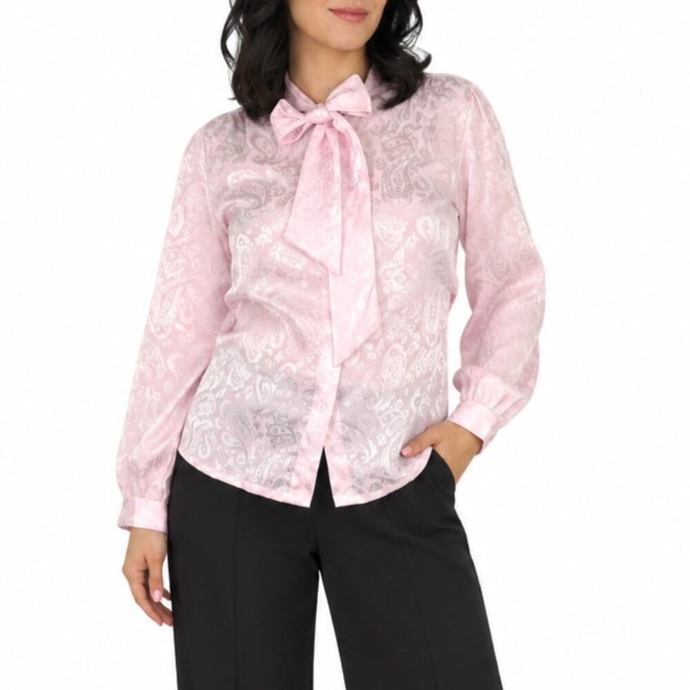 1970s Vintage Laura Mae Pastel Pink Paisley Satin Pussybow Blouse Medium
